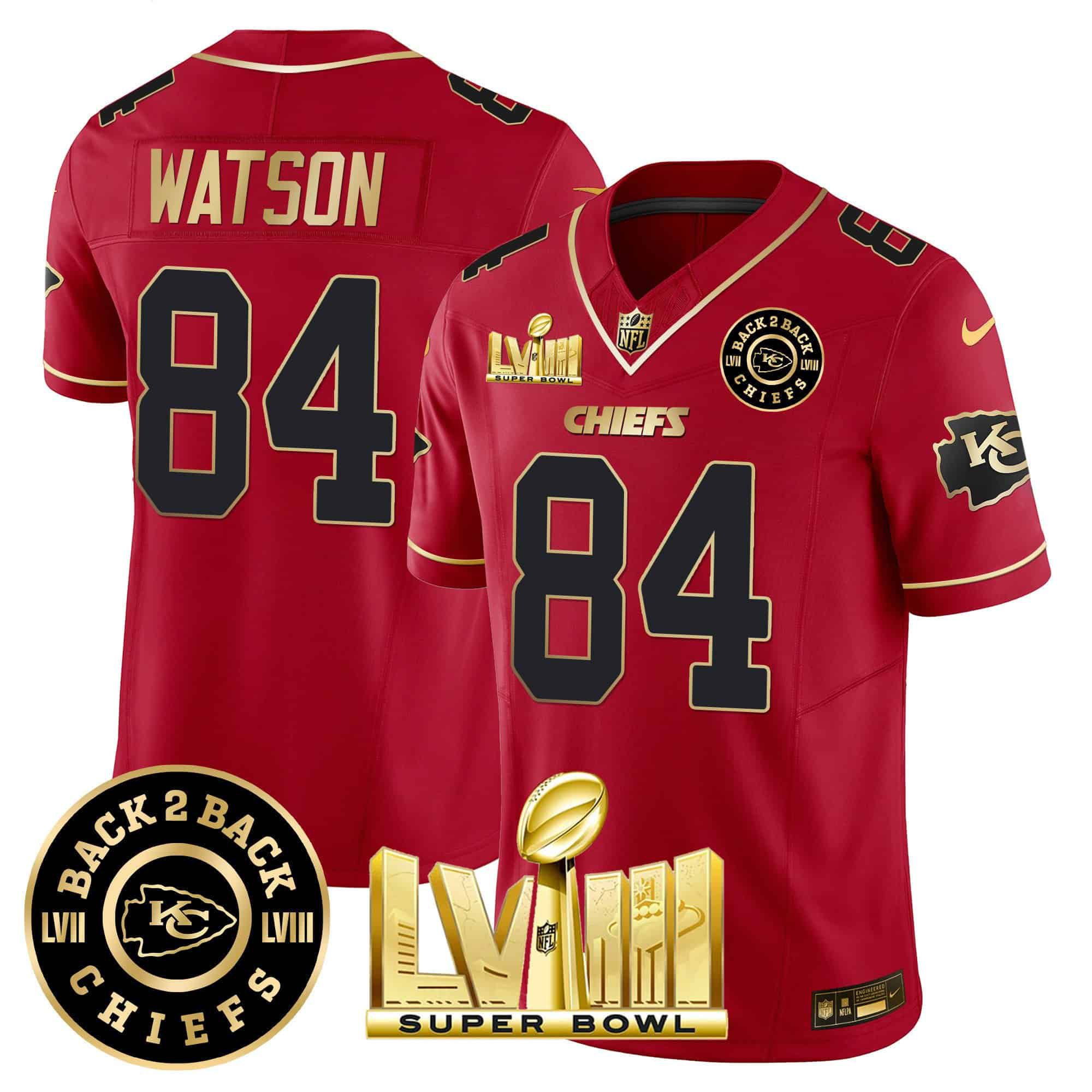 Men Kansas City Chiefs 84 Watson Red 2024 Nike Super Bowl LVIII & Back 2 Back Patch Vapor NFL Jersey style 2